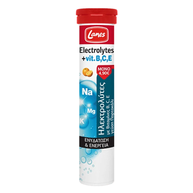LANES ELECTROLYTES& VITAMINS B,C,E. FOR HYDRATION& ENERGY, 20 EFFERVESCENT TABLETS WITH ORANGE FLAVOR